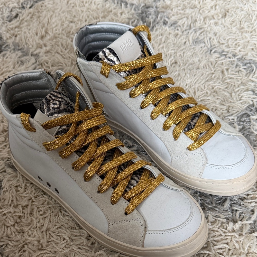 P448 White High-Top Sneakers with Gold Glitter Laces